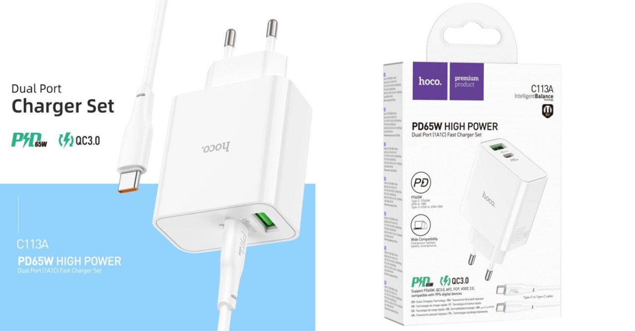 Hoco PD65W Type-C + USB QC3.0 Fast Charger (C113A) – Dual Port Power Delivery for Quick Charging: Empowering Bangladesh in 2025